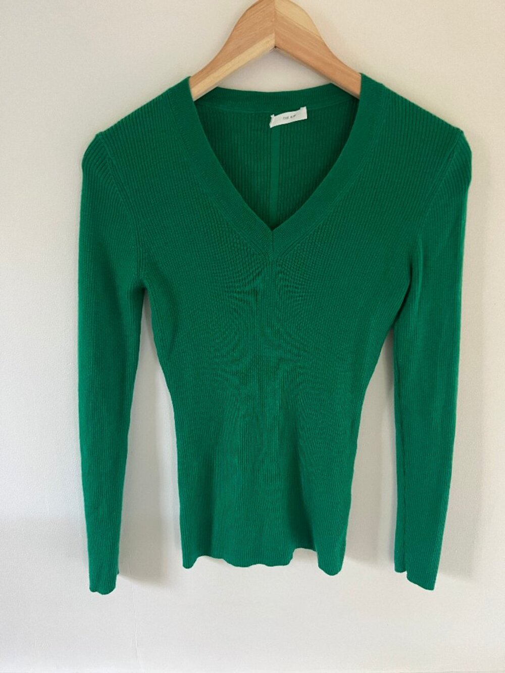 The Row Women's Fine-Ribbed V-Neck Knit Sweater Long Sleeves Green Size M